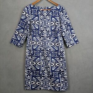 Taylor Shift Dress Womens 8 White Blue Geometric Print Boat Neck 3/4 Sleeve